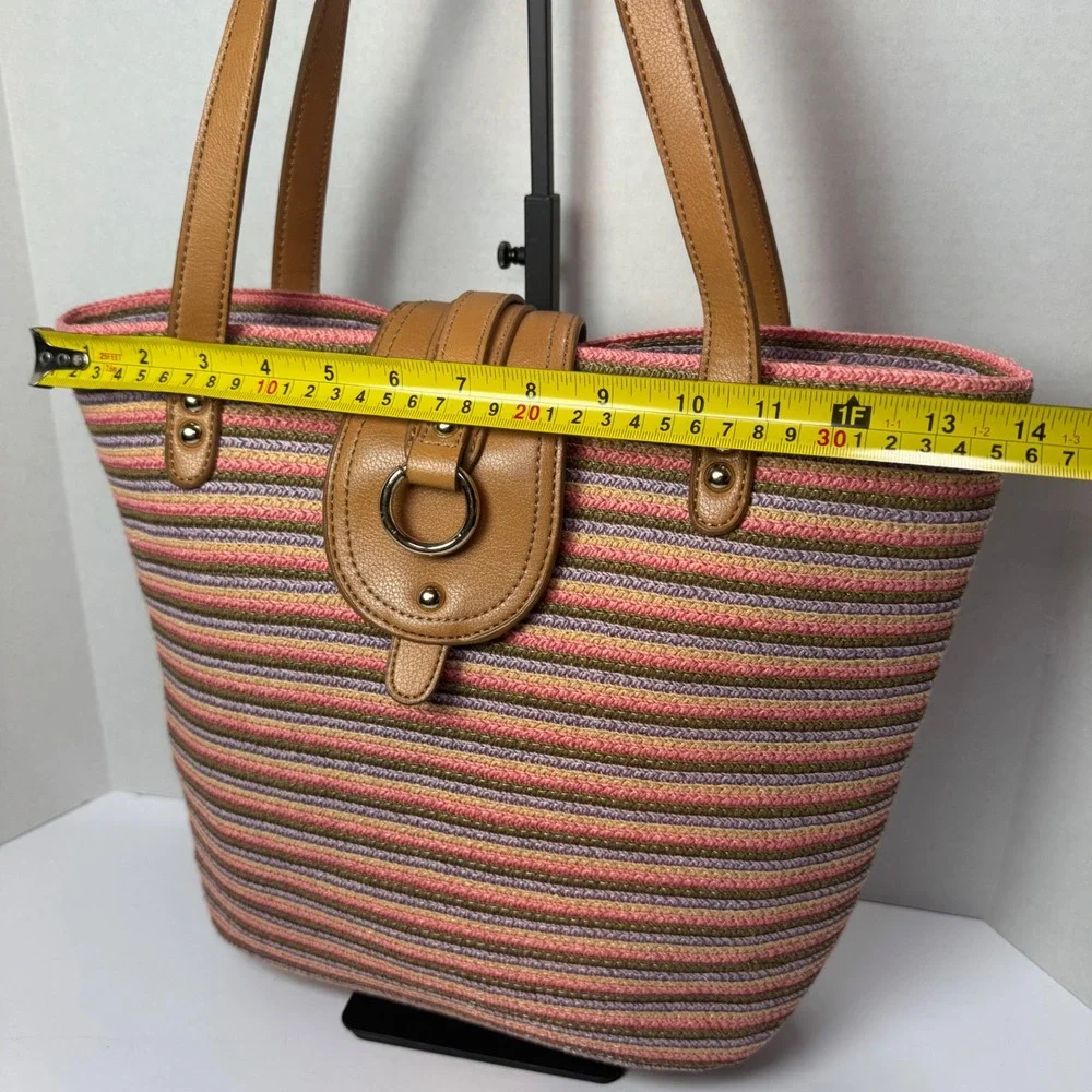 Liz Claiborne Woven Striped Multicolor Tote Shoulder Bag Tan Faux Leather Straps